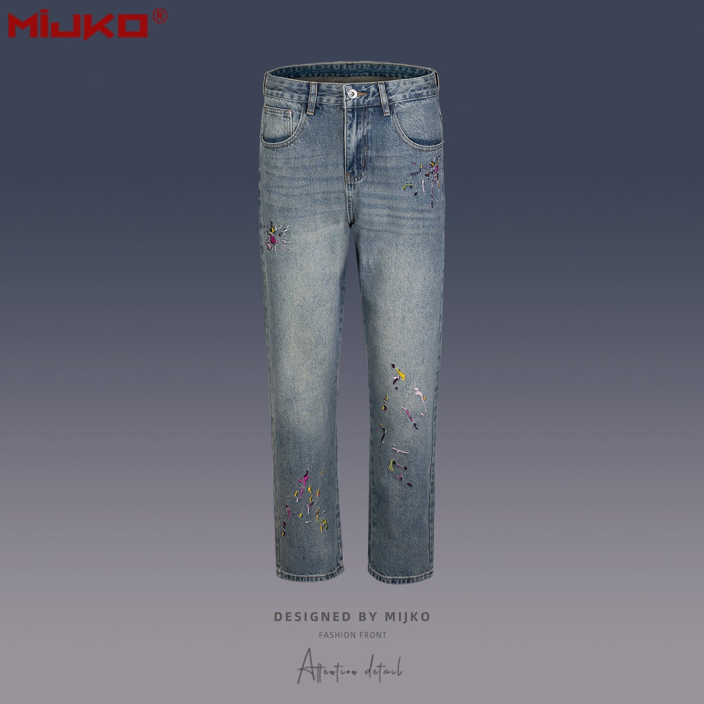 MIJKO Mens Vintage Pants Embroidery Embellished Slim-fitting Old Jeans