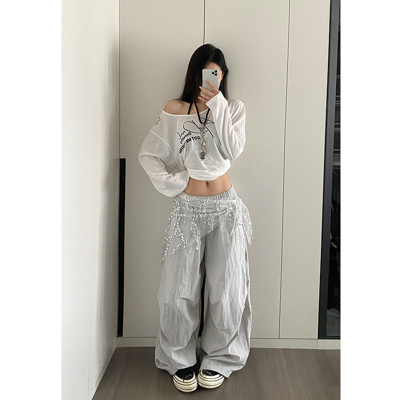 Women casual pants tassel sequin fart curtain loose