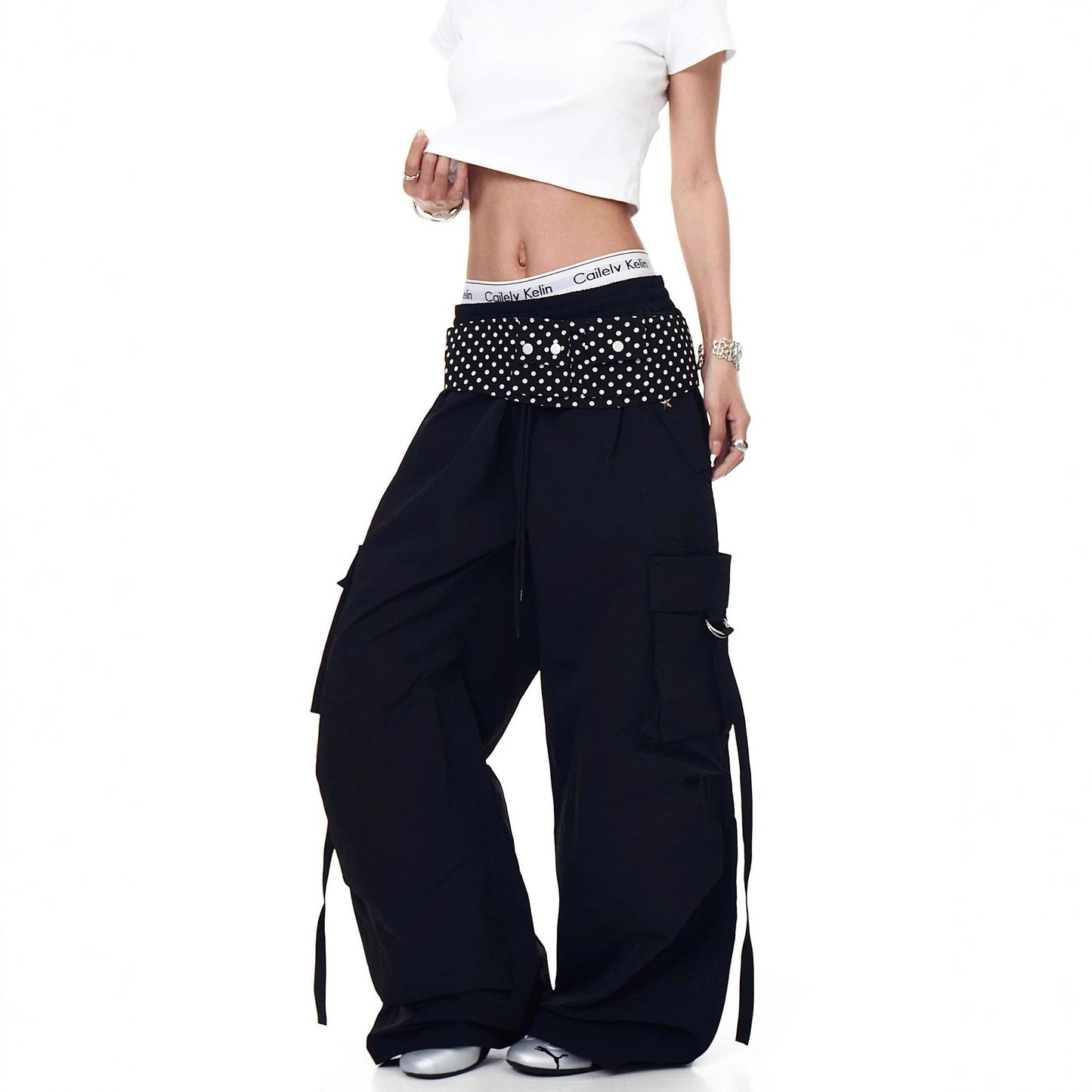 Women casual pant big flap pocket pants polka dot retro