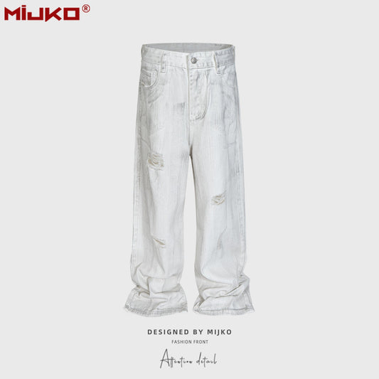MIJKO Mens Vintage Pants Ripped Ripped Straight Jeans
