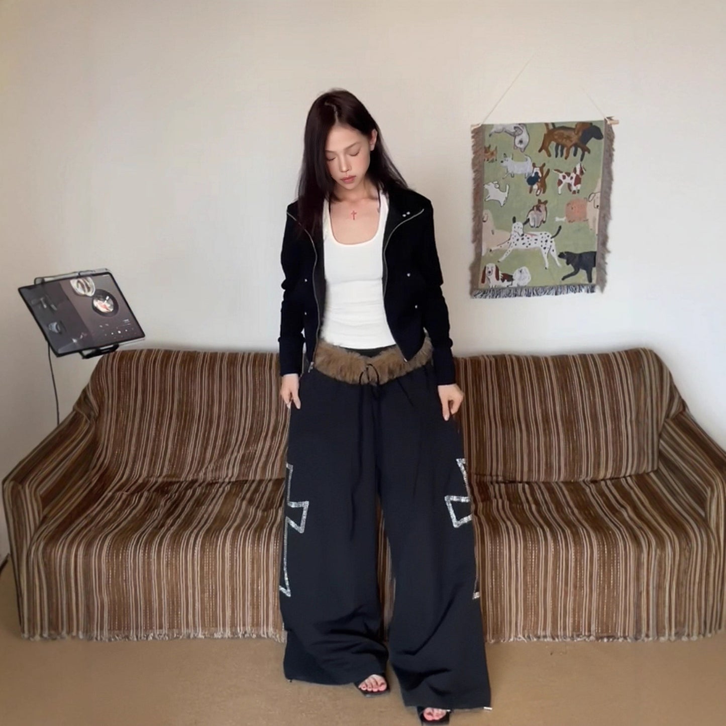 Women casual pant detachable fur collar loose