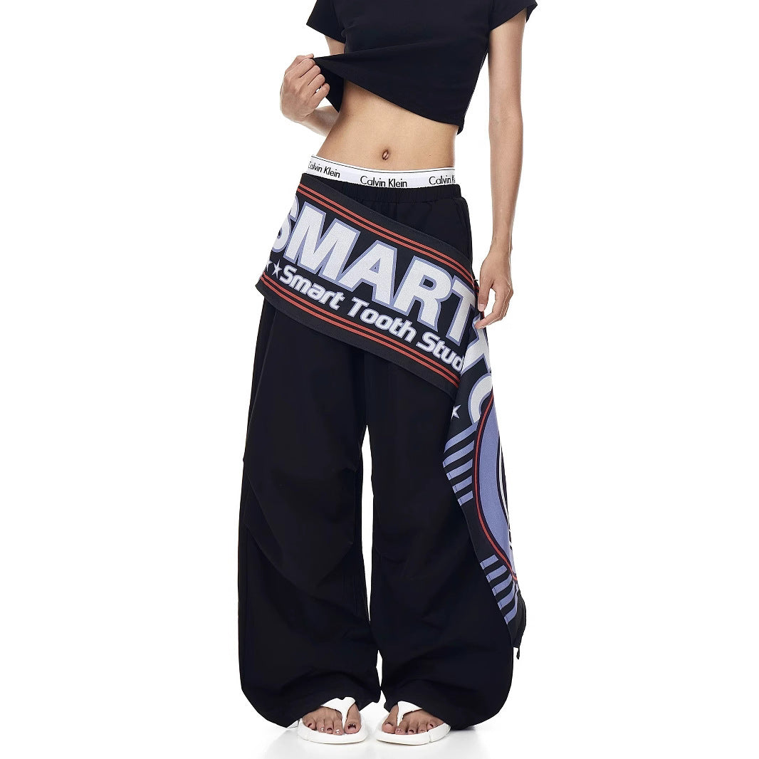 Women casual pants diagonal span fart curtain splicing retro loose