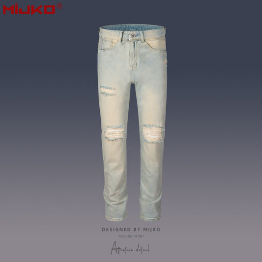 MIJKO Mens Vintage Pants Ripped Wash Water Old Jeans