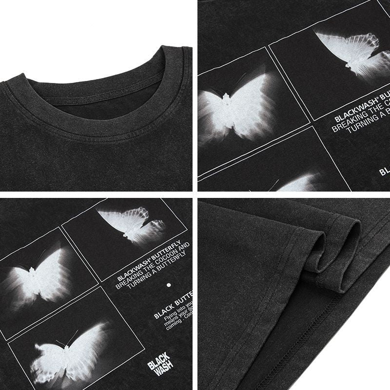 Mens T Shirts Butterfly Print Old Short Sleeve T-Shirts