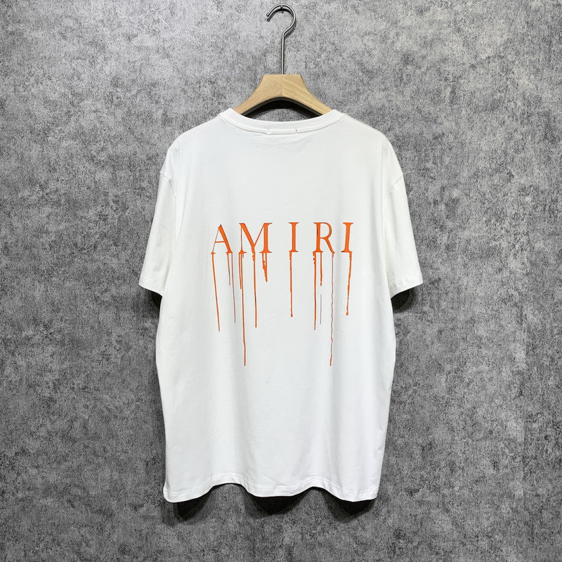 Amiri T Shirt Orange Splash Paint Printed Casual Round Neck
