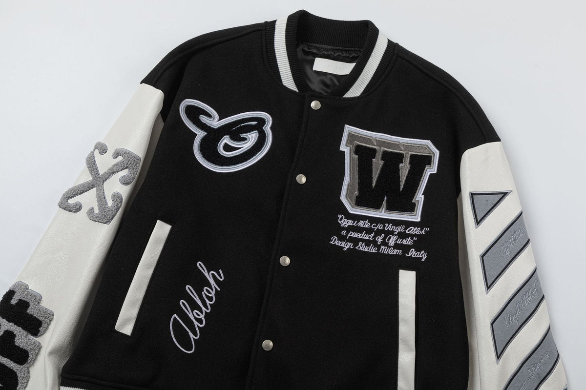 Off White Jacket Spring and Autumn OW Splicing Letter Pattern Baseball Jacket Jacket