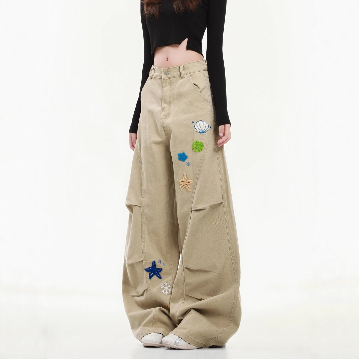 Women casual pant embroider cartoon loose