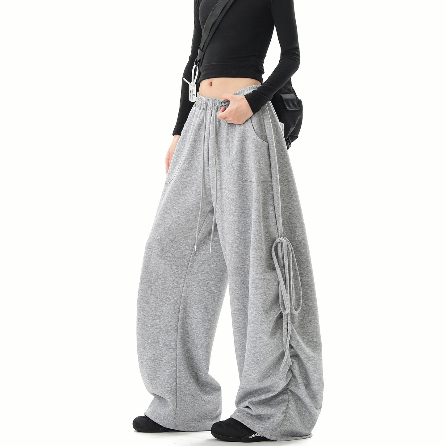 Women casual pants streamer straps grey sweatpants women loose