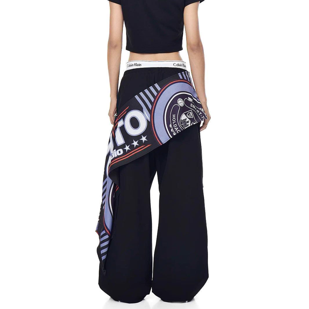 Women casual pants diagonal span fart curtain splicing retro loose