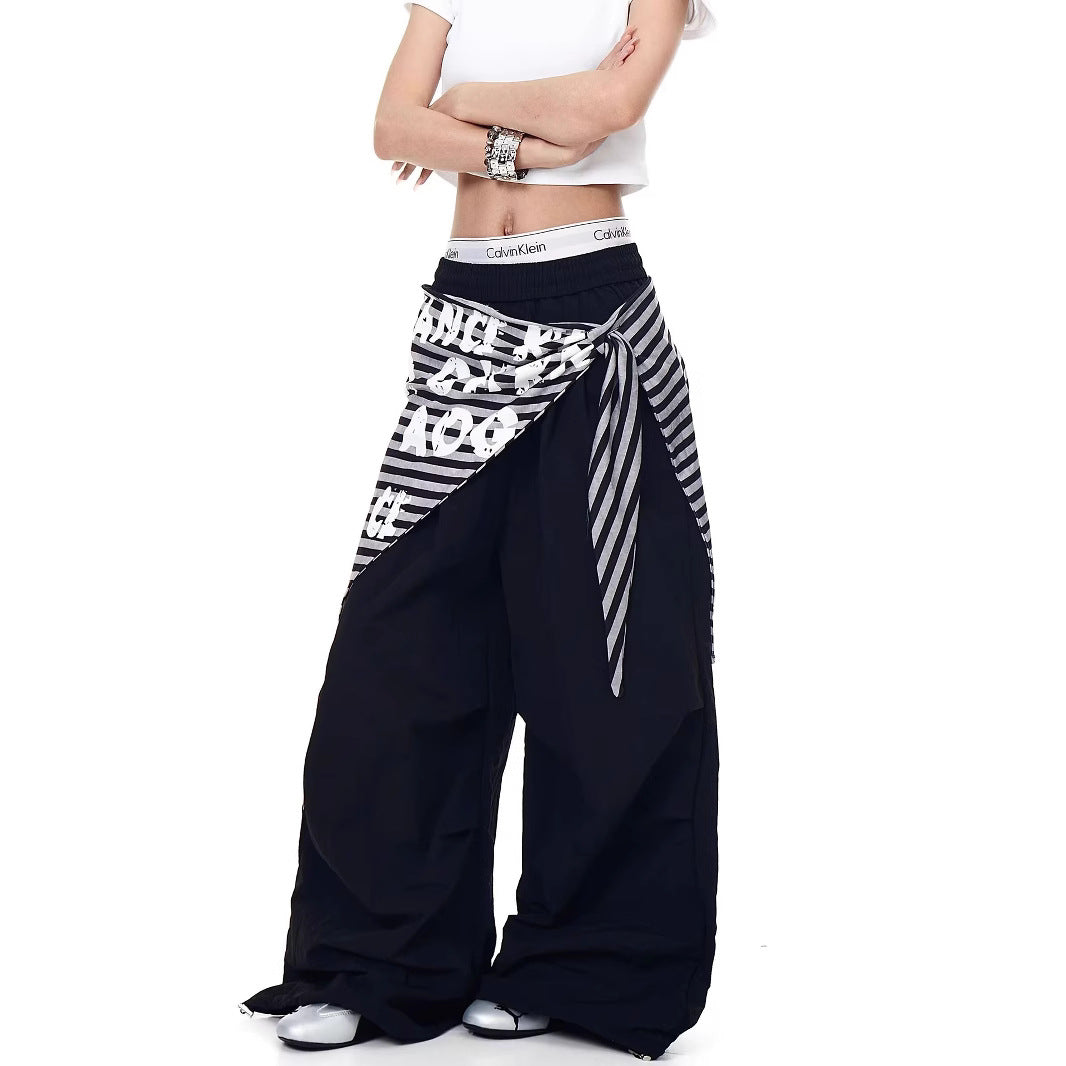 Women casual pant retro butt curtain detachable strap