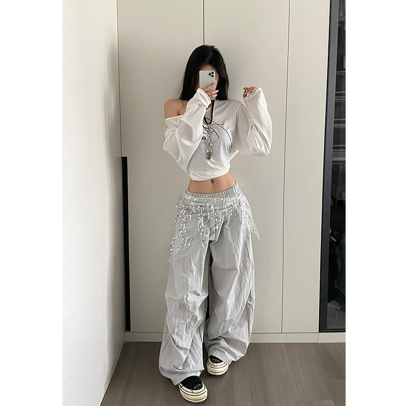 Women casual pants tassel sequin fart curtain loose