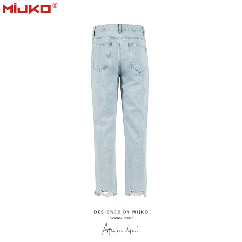 MIJKO Mens Vintage Pants Straight Ripped Split Jeans
