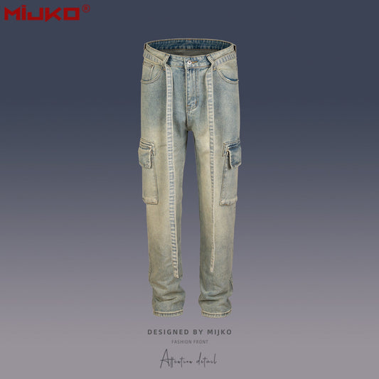 MIJKO Men Vintage Pants Multi-pocket Straight Jeans With Belt