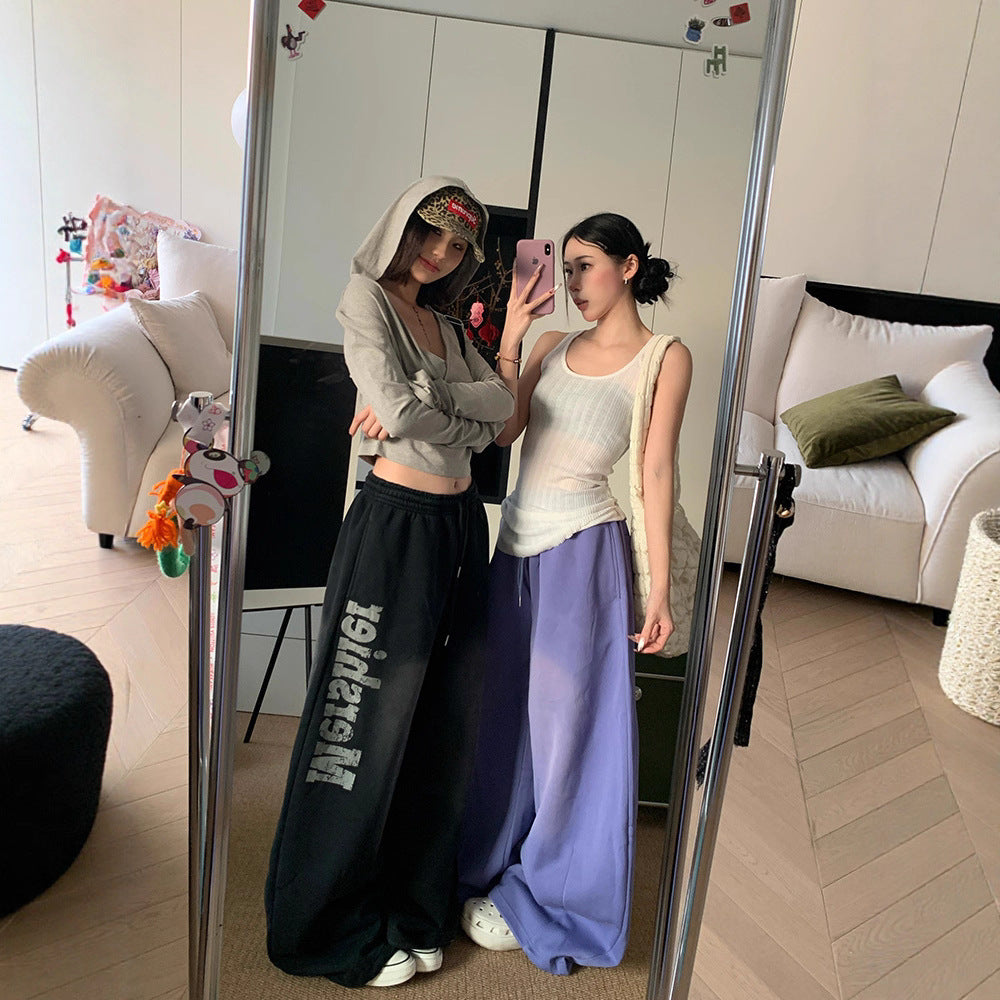 Women casual pants retro gradual change do old letter wide leg pants summer loose hip hop trousers