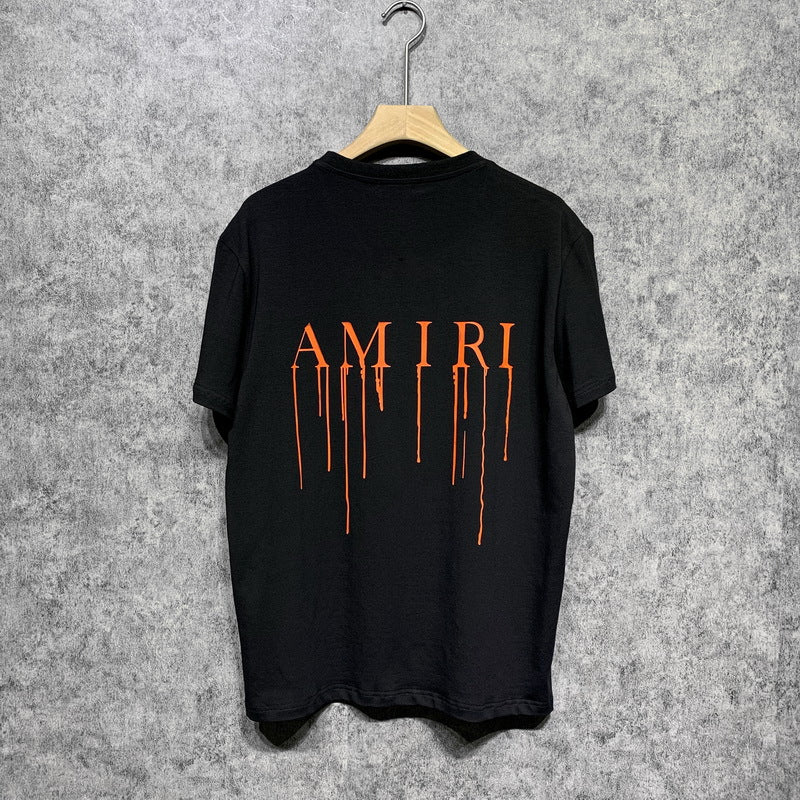 Amiri T Shirt Orange Splash Paint Printed Casual Round Neck