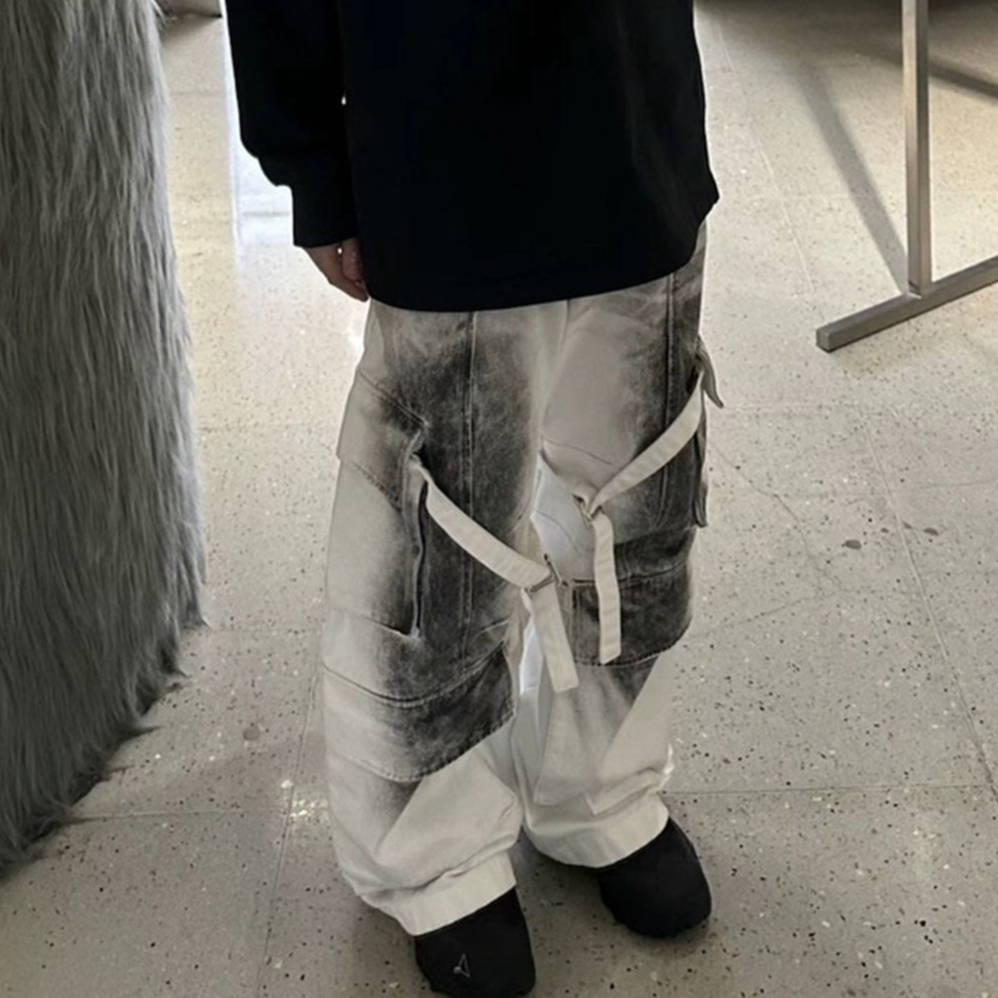 MIJKO Mens Vintage Pants Buckle Trim Loose Old Jeans