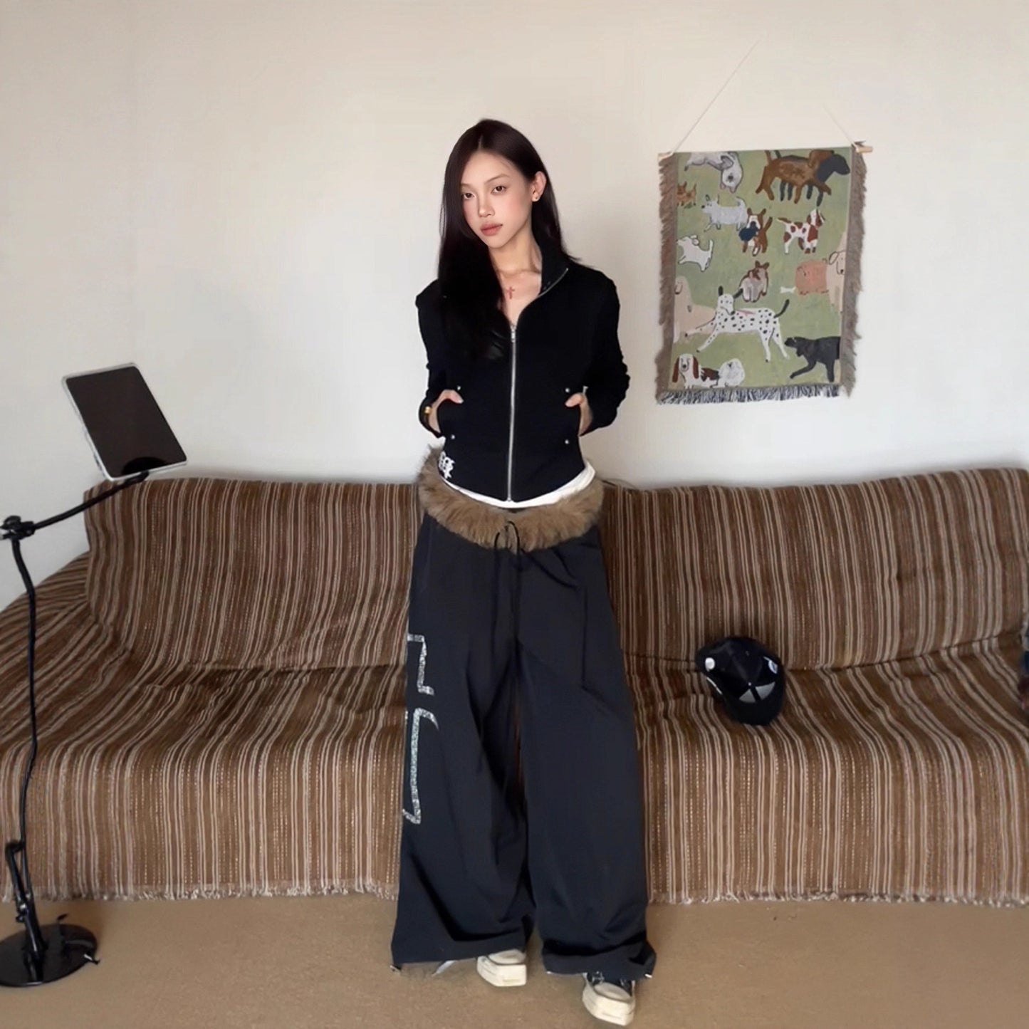 Women casual pant detachable fur collar loose