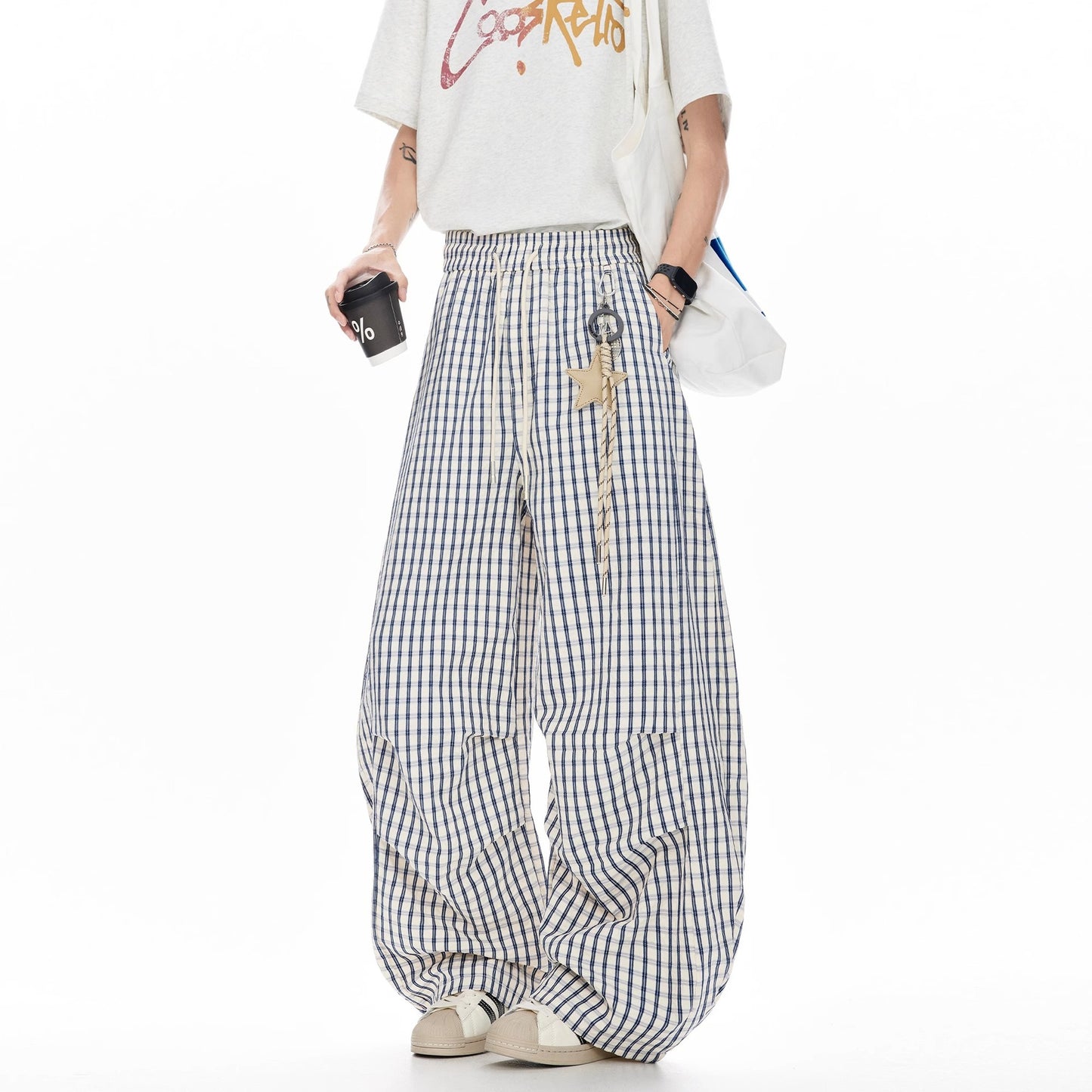 Women casual pants with star pendant plaidsummerloose