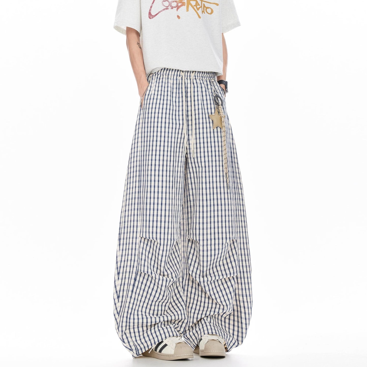 Women casual pants with star pendant plaidsummerloose