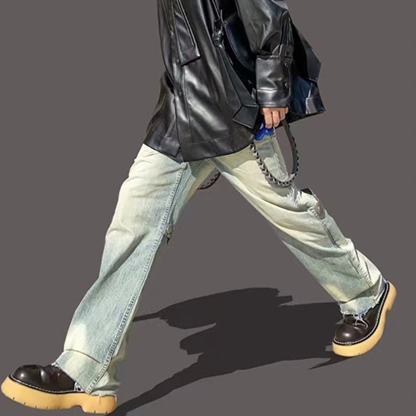 MIJKO Men's Vintage Pants MIJKO Men's Washed Trousers High Street Old Micro-pull Jeans