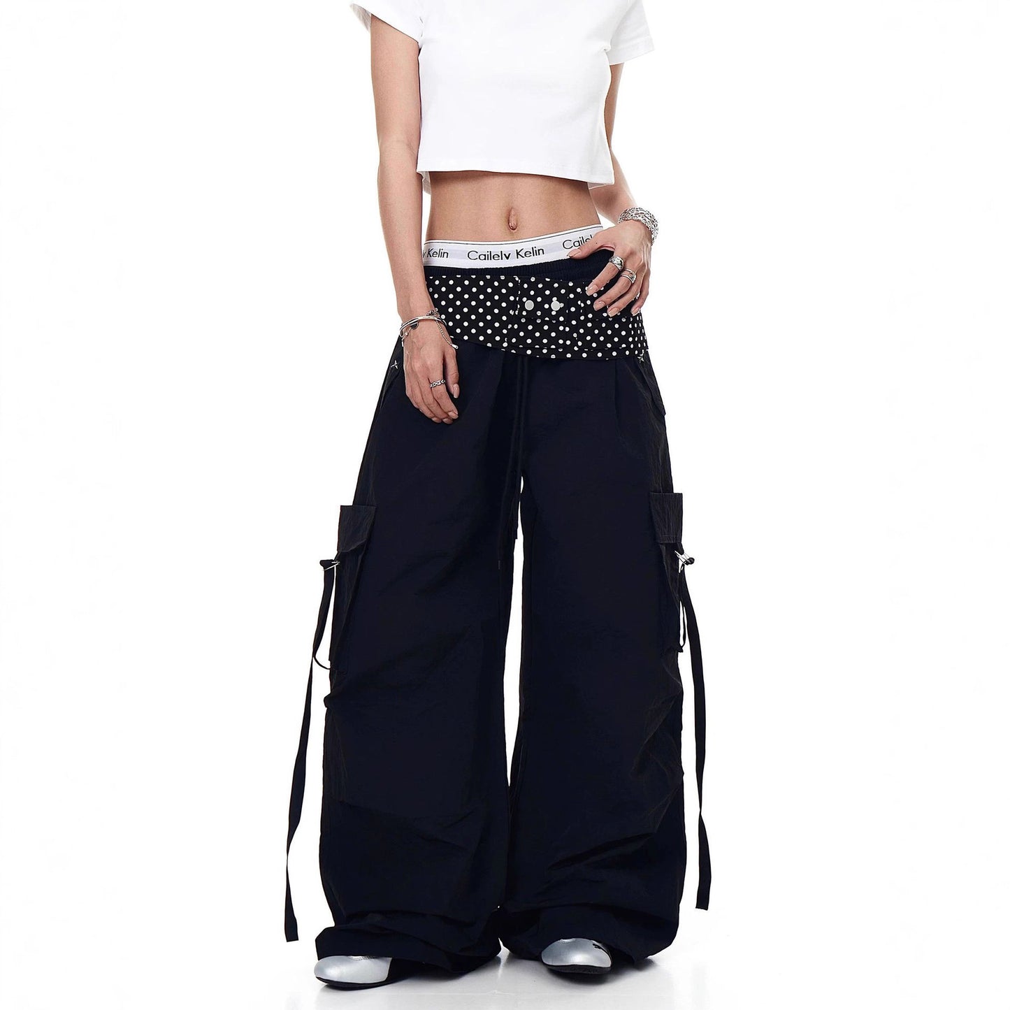 Women casual pant big flap pocket pants polka dot retro
