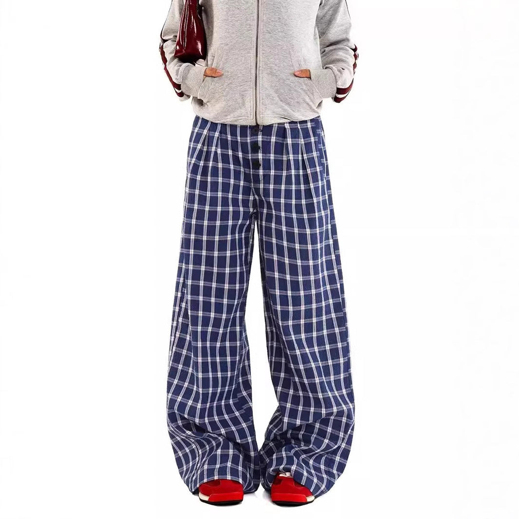 Women casual pant retro plaid loose