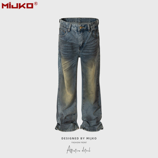 MIJKO Mens Vintage Pants Distress Wide Leg Jeans