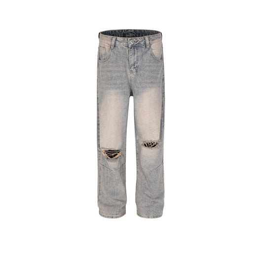 MIJKO Men Vintage Pants MIJKO Washing Water Old Slim-fit Long Pants Straight Blue Jeans