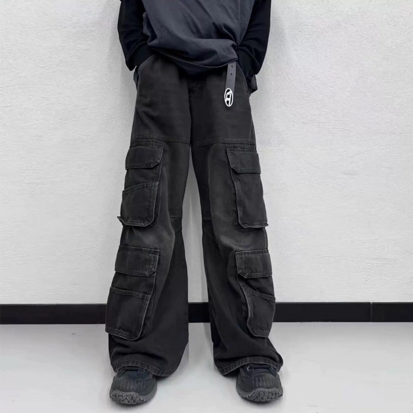 MIJKO Men's Vintage Pants MIJKO Men's Wide Leg Jeans Washed Black Trousers Tide