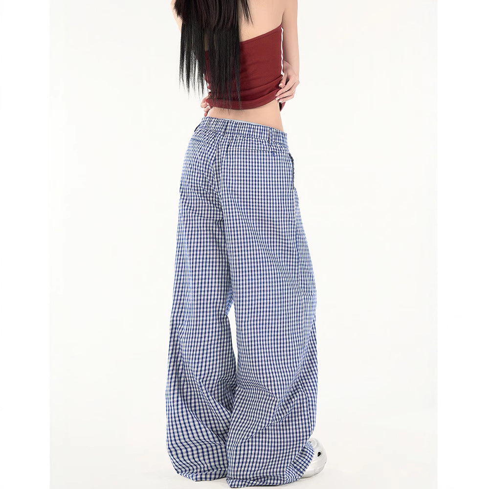 Women casual pants blue plaid summer high waist