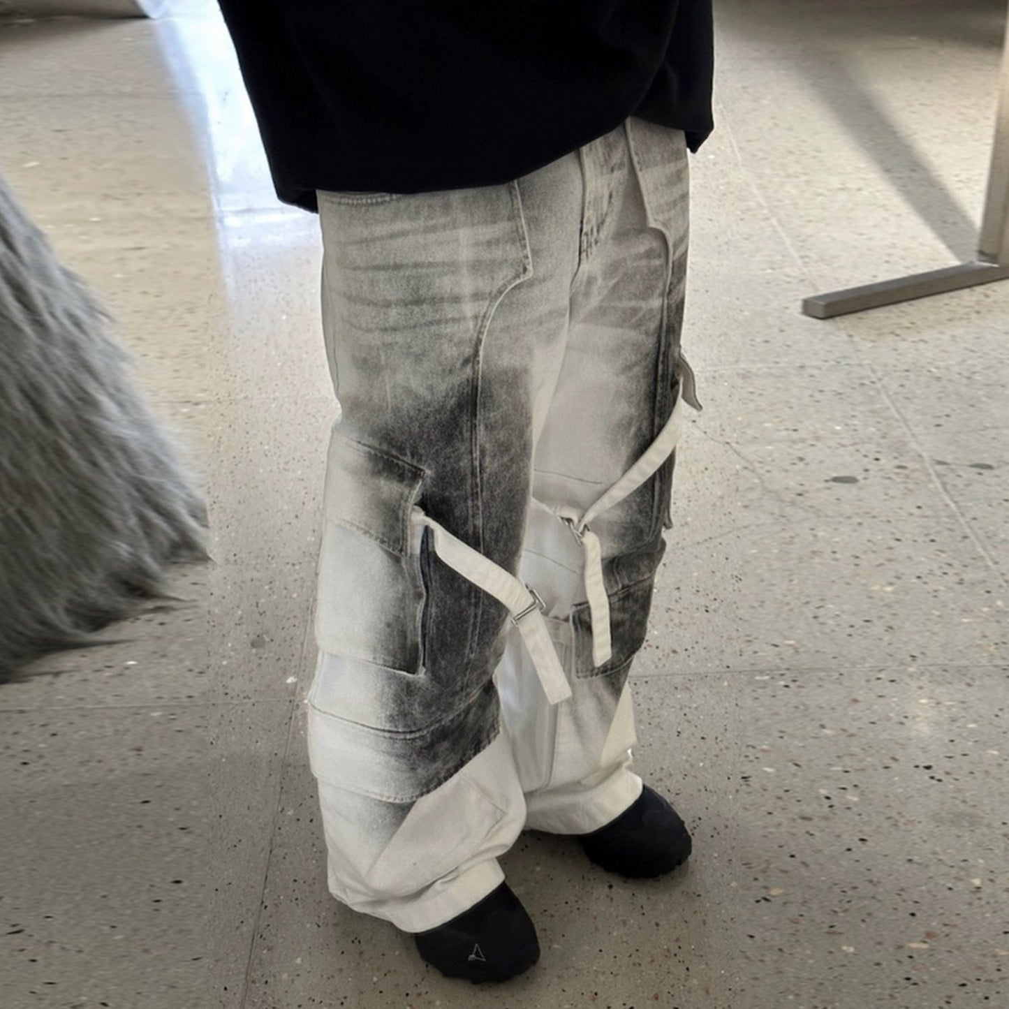 MIJKO Mens Vintage Pants Buckle Trim Loose Old Jeans