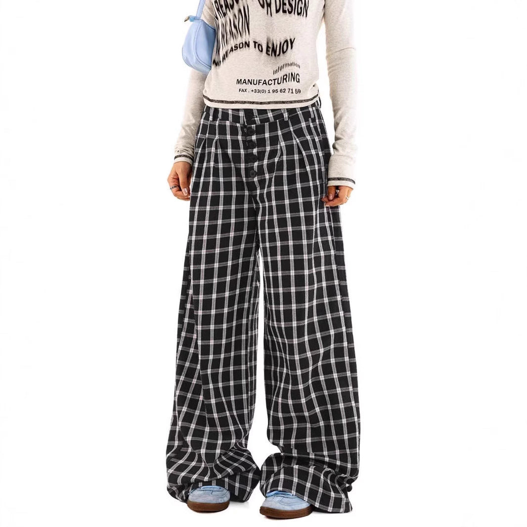 Women casual pant retro plaid loose