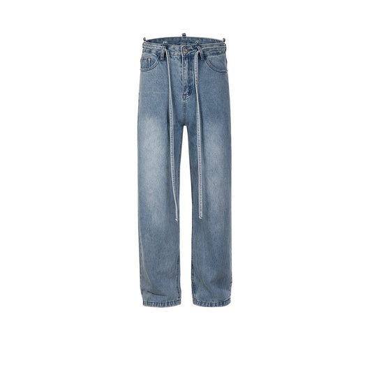 MIJKO Men Vintage Pants MIJKO Loose Wide-footed Blue Trousers Straight Jeans with Belt