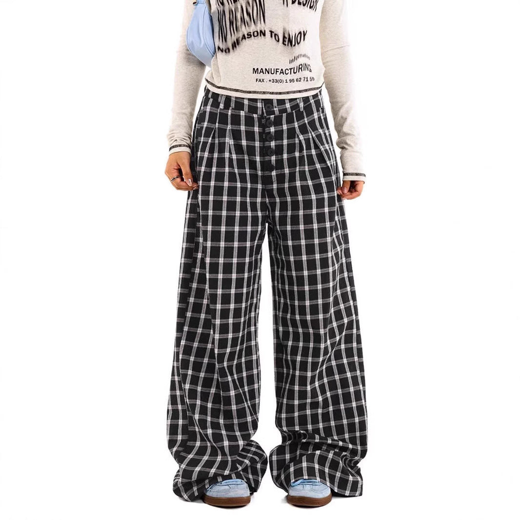 Women casual pant retro plaid loose