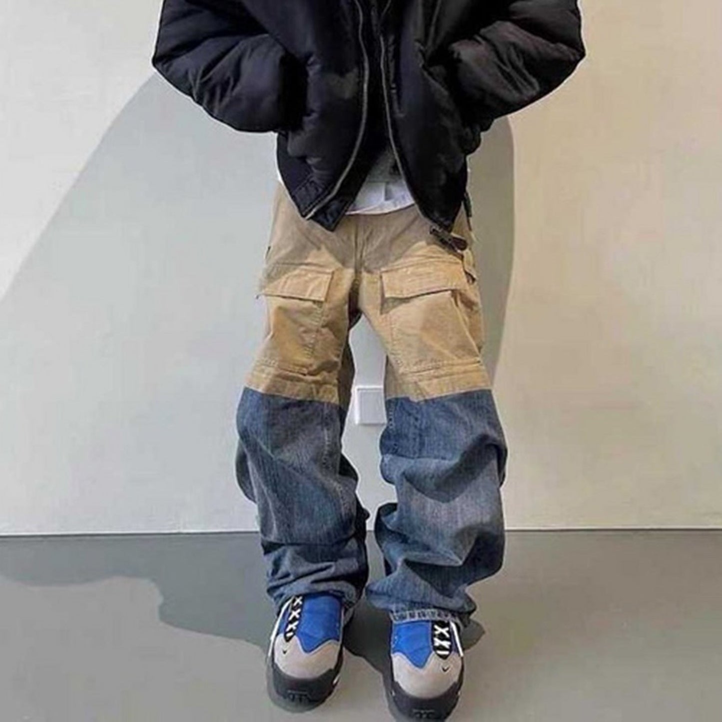 MIJKO Men's Vintage Pants MIJKO Men's Women's Spliced Denim Wide-Leg Overalls Bag Casual Pants