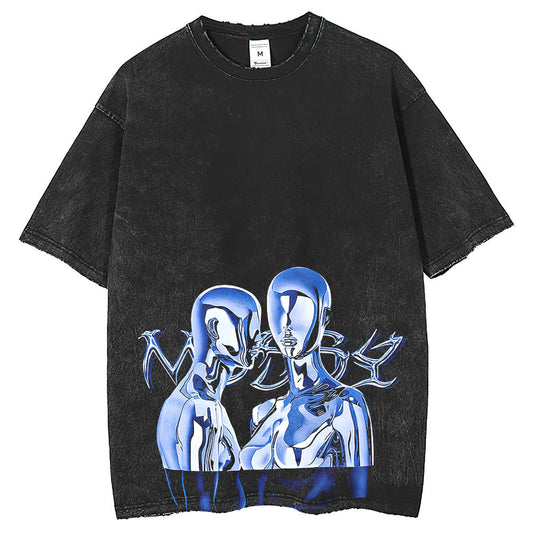 Men T Shirts Punk Style Short Sleeve Loose Crew Neck Top Washed and Old