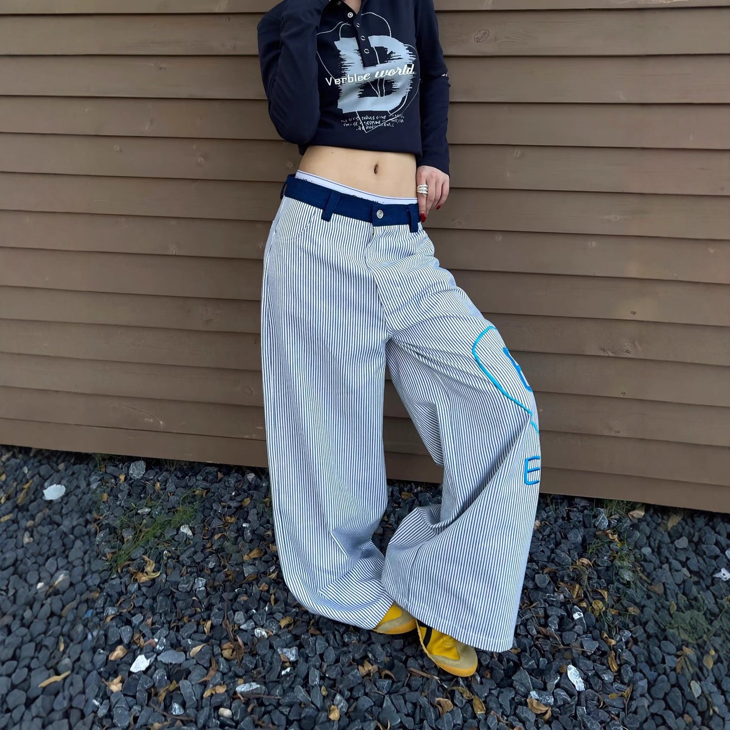 Women casual pants hearts tripes loose