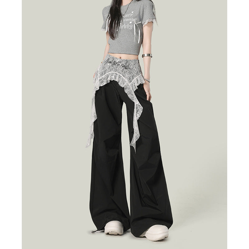 Women casual pants lace stitching fake two pieces women summer loose