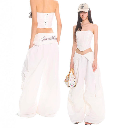 Women casual pants high waist paratrooper pants wide leg women