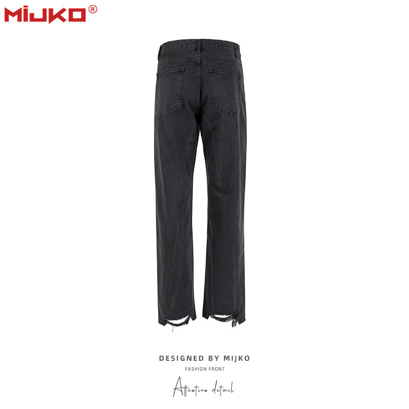MIJKO Mens Vintage Pants Straight Ripped Split Jeans