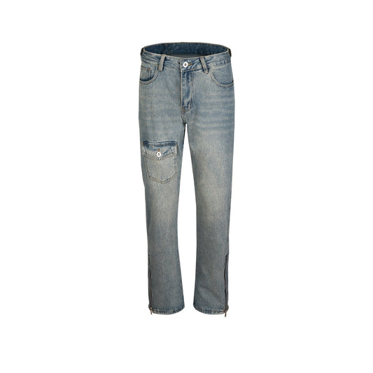 MIJKO Men Vintage Pants MIJKO Hip Hop Pocket Trim Zip Washed Jeans