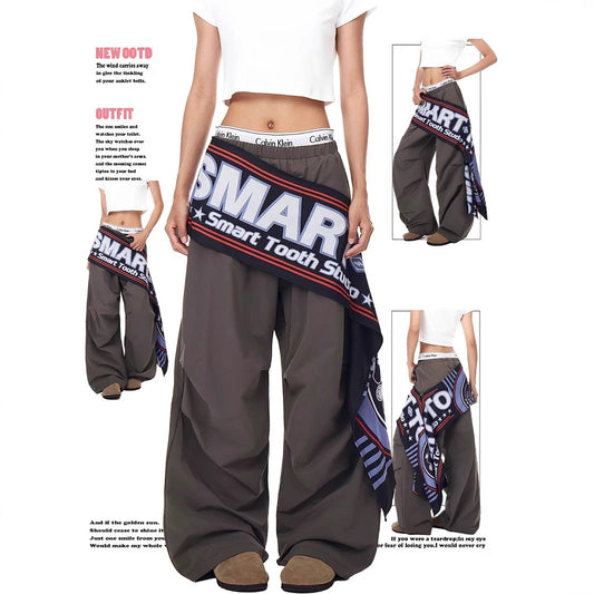Women casual pants diagonal span fart curtain splicing retro loose