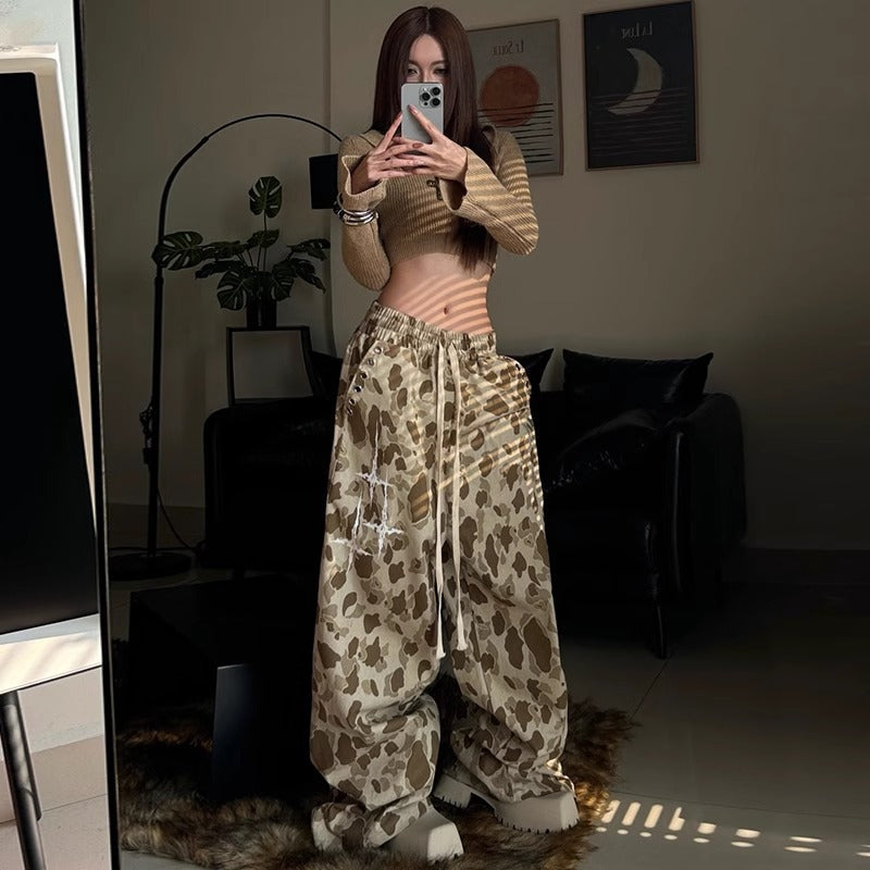 Womens casual pants leopard hip hop camouflage pants loose wide leg cargo pants