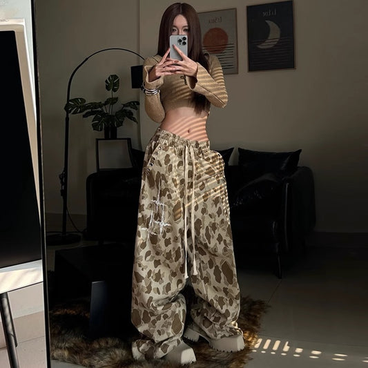 Womens casual pants leopard hip hop camouflage pants loose wide leg cargo pants