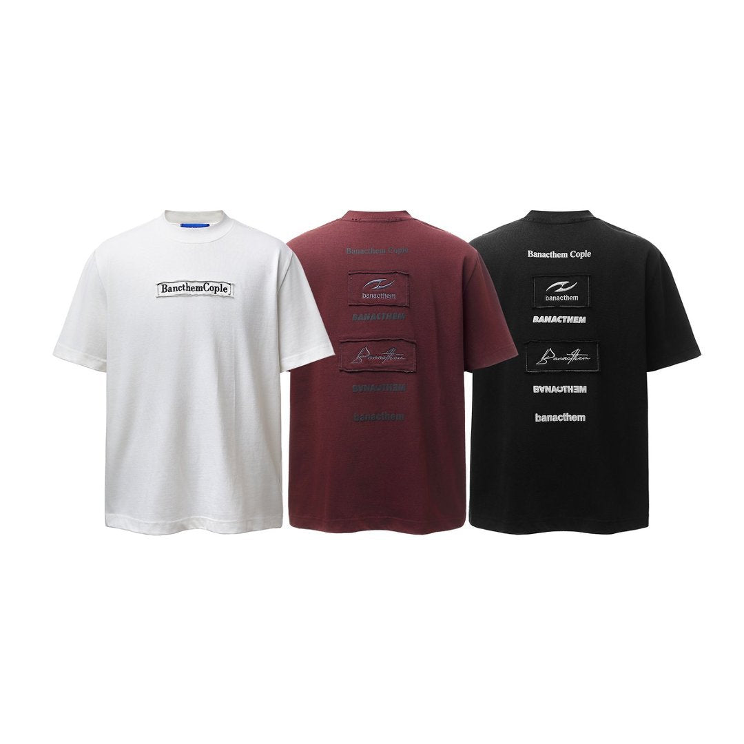Men t shirts retro double yarn letter embroider distressed loose short sleeves