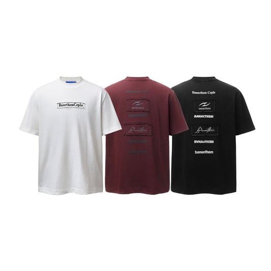 Men t shirts retro double yarn letter embroider distressed loose short sleeves
