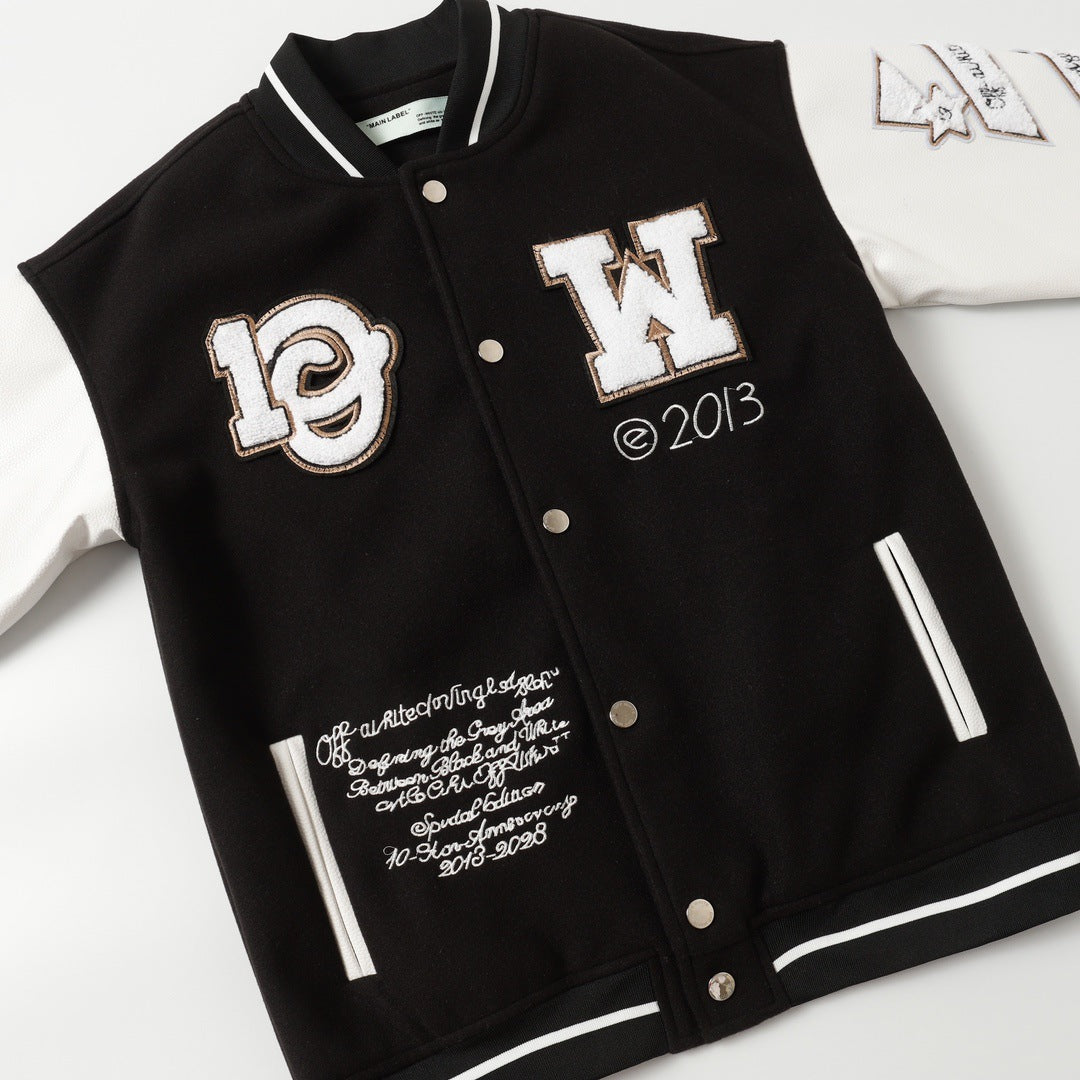 Off White Jacket Spring Autumn OW Witch Group Towel Embroidered Baseball Jacket Jacket