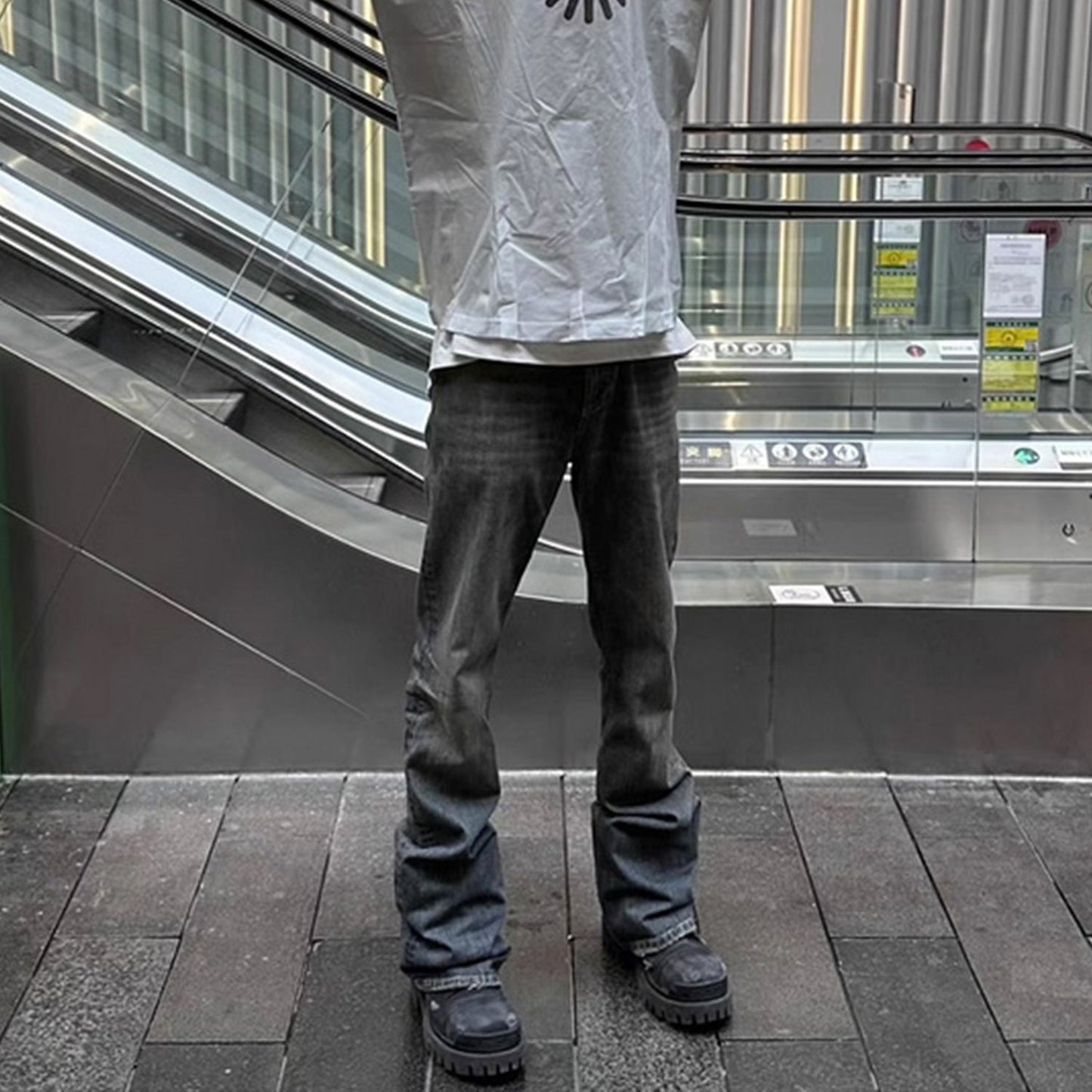 MIJKO Mens Vintage Pants MIJKO BootCut Old Wash Water Old Black Grey Jeans