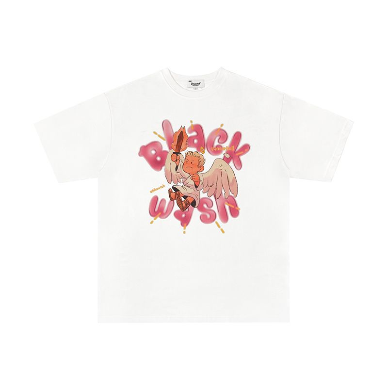 Mens T Shirts Cartoon Angel Print Short Sleeve OversizeT-Shirt