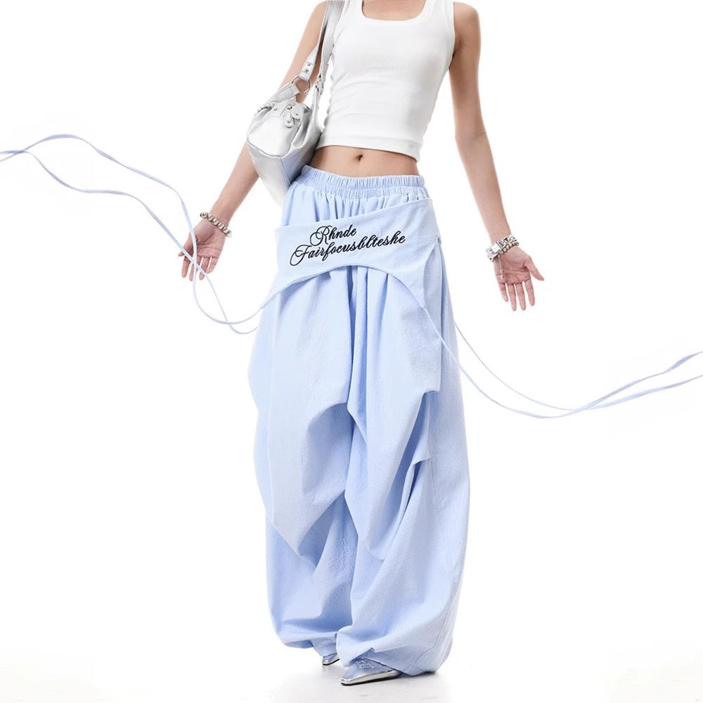 Women casual pants vintage alphabet embroidered casual striped wide-leg pants